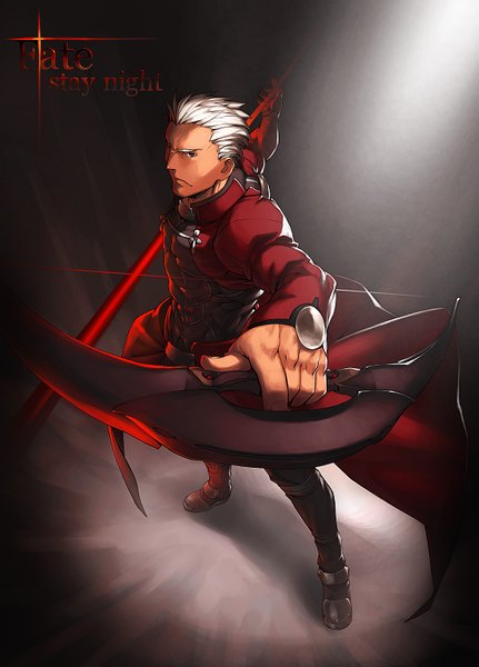 Anime picture 1079x1500 with fate (series) fate/stay night studio deen type-moon archer (fate) azusa (hws) single tall image looking at viewer short hair simple background red eyes white hair inscription boy weapon