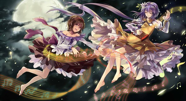 Anime picture 1900x1040 with touhou tsukumo benben tsukumo yatsuhashi neko (yanshoujie) highres short hair open mouth smile brown hair wide image multiple girls brown eyes purple hair full body eyes closed barefoot night legs girl dress