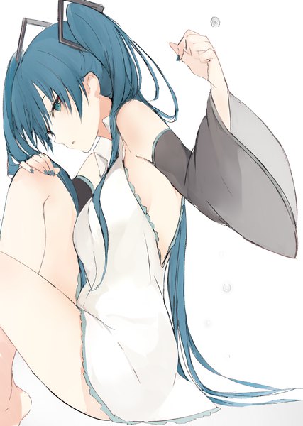 Anime picture 650x914 with vocaloid hatsune miku lpip single long hair tall image looking at viewer blue eyes light erotic simple background white background sitting twintails bare shoulders blue hair bent knee (knees) nail polish profile barefoot wide sleeves