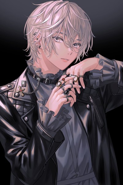 Anime picture 1200x1794 with original itryr0 single tall image looking at viewer fringe short hair simple background hair between eyes silver hair upper body nail polish open jacket piercing black background ear piercing silver eyes white nail polish boy choker