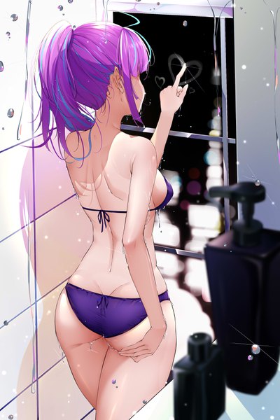 Anime-Bild 2362x3543 mit virtual youtuber hololive minato aqua cqingwei single long hair tall image fringe highres breasts light erotic standing payot purple hair ahoge ponytail indoors multicolored hair from behind blurry