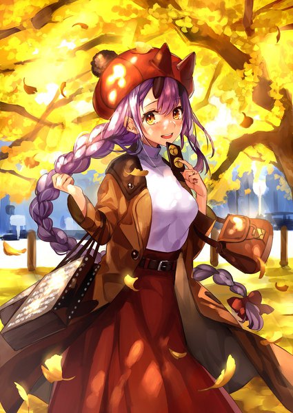Anime picture 850x1200 with fate (series) fate/grand order tomoe gozen (fate) comeo single long hair tall image looking at viewer fringe open mouth smile hair between eyes red eyes standing holding payot silver hair outdoors braid (braids) :d
