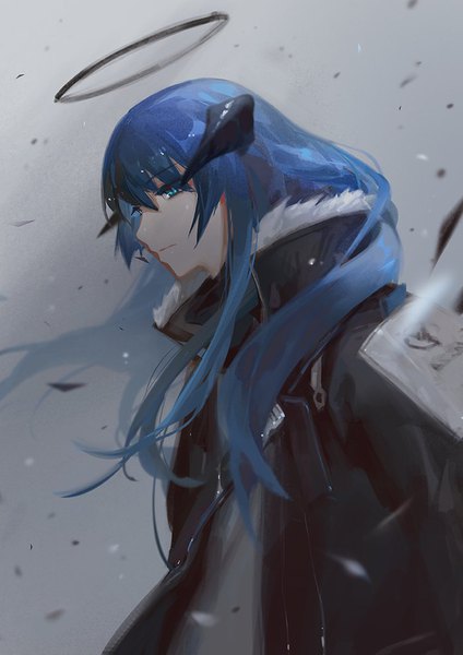 Anime picture 700x990 with arknights mostima (arknights) 3four single long hair tall image blue eyes blue hair looking away upper body profile horn (horns) grey background girl jacket halo