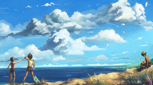 Anime picture 4500x2500 with original hangmoon highres short hair wide image absurdres sky cloud (clouds) from behind landscape summer water shorts sea child (children) kite