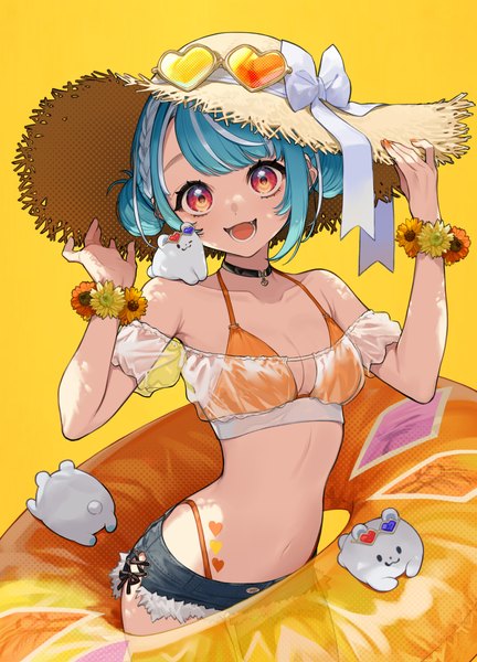 Anime picture 1080x1500 with virtual youtuber vspo! shiranami ramune yuu (higashi no penguin) single tall image looking at viewer short hair breasts open mouth light erotic simple background smile bare shoulders payot braid (braids) nail polish head tilt multicolored hair aqua hair