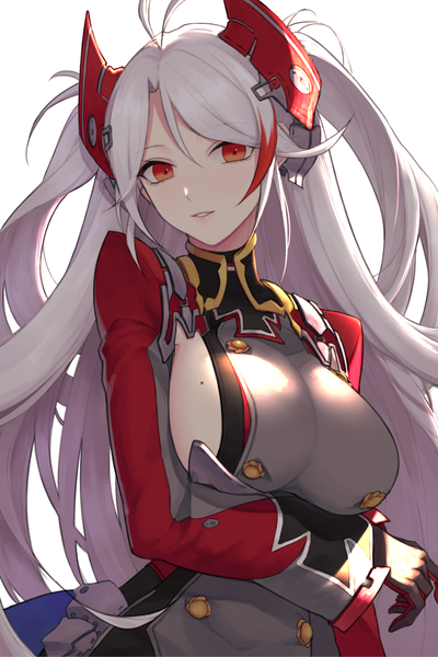 Anime picture 1484x2225 with azur lane prinz eugen (azur lane) qb 516 single long hair tall image looking at viewer fringe breasts light erotic simple background hair between eyes red eyes large breasts white background silver hair upper body ahoge mole two side up