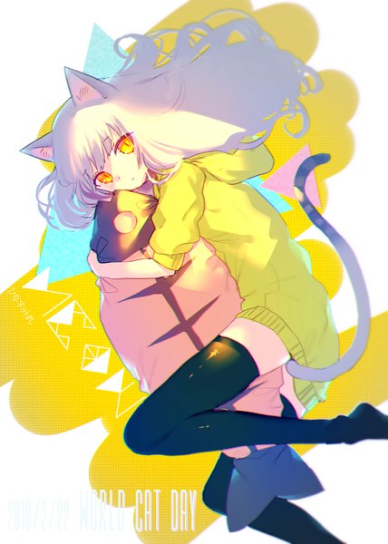Anime picture 2976x4175 with original hinasumire single long hair tall image looking at viewer fringe highres signed animal ears yellow eyes white hair tail lying animal tail cat ears cat girl cat tail no shoes zettai ryouiki