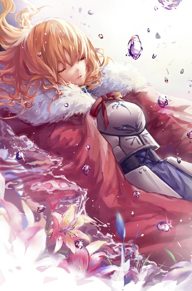Anime picture 662x1000 with fate (series) fate/stay night type-moon artoria pendragon (all) saber kinokohime single long hair tall image fringe blonde hair lying eyes closed sleeping shiny clothes girl flower (flowers) ribbon (ribbons) weapon sword