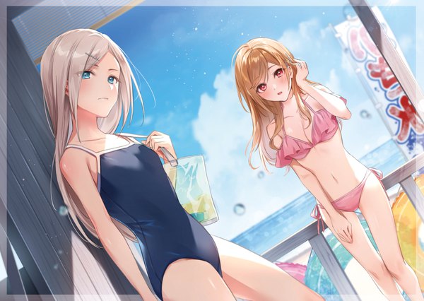 Anime picture 1153x818 with original zattape long hair looking at viewer blush fringe breasts blue eyes light erotic red eyes brown hair large breasts standing multiple girls sky cleavage silver hair cloud (clouds) outdoors arm up