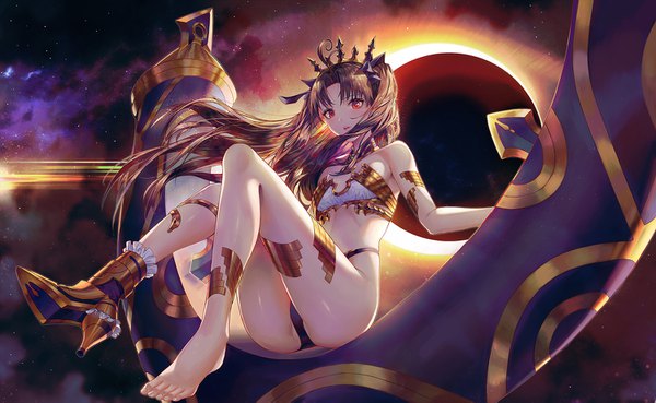 Anime picture 1500x923 with fate (series) fate/grand order ishtar (fate) ttutto single long hair looking at viewer blush fringe light erotic black hair red eyes wide image sitting full body ahoge bent knee (knees) parted lips two side up floating hair