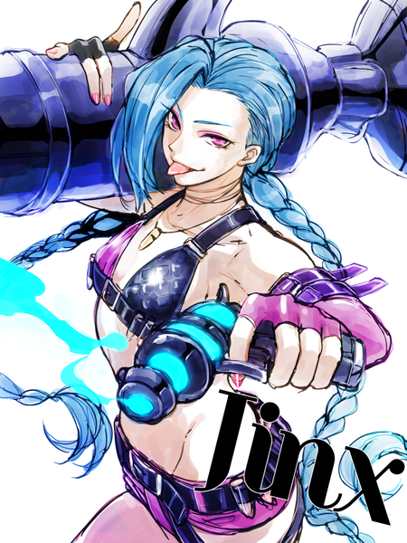 Anime picture 750x1000 with league of legends jinx (league of legends) pizaya single long hair tall image looking at viewer fringe breasts light erotic simple background white background blue hair pink eyes flat chest weapon over shoulder girl gloves weapon elbow gloves