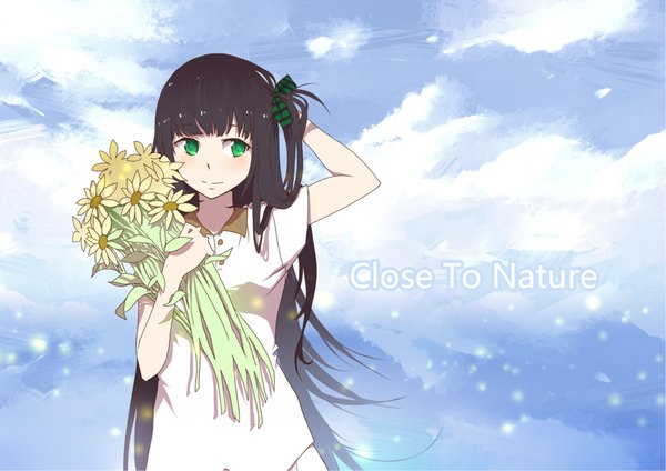 Anime picture 2063x1459 with original exe336 single long hair looking at viewer blush highres black hair smile holding green eyes looking away sky cloud (clouds) inscription arm behind head girl dress flower (flowers) bow