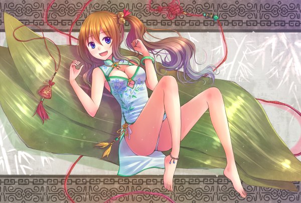 Anime picture 1200x810 with original xia you qing suikakitsu shiro single long hair looking at viewer open mouth blue eyes light erotic smile brown hair bare shoulders cleavage ponytail barefoot spread legs side ponytail chinese clothes spread arms pantyshot sitting
