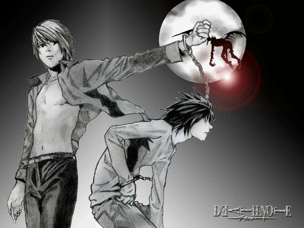 Anime picture 1024x768 with death note madhouse yagami light l (death note) ryuk