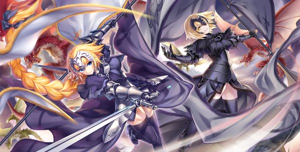 Anime picture 1574x800 with fate (series) fate/grand order fate/apocrypha jeanne d'arc (fate) (all) jeanne d'arc alter (fate) jeanne d'arc (fate) kousaki rui looking at viewer short hair breasts blue eyes smile wide image multiple girls holding yellow eyes looking away braid (braids) very long hair parted lips