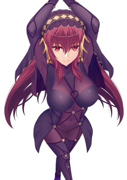Anime picture 1500x2121 with fate (series) fate/grand order scathach (fate) (all) scathach (fate) z1npool single long hair tall image looking at viewer fringe breasts light erotic simple background smile hair between eyes red eyes large breasts white background payot purple hair