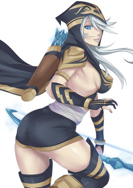Anime picture 1200x1697 with league of legends ashe (league of legends) exaxuxer single long hair tall image fringe breasts blue eyes light erotic simple background white background holding silver hair ass lips hair over one eye back girl thighhighs