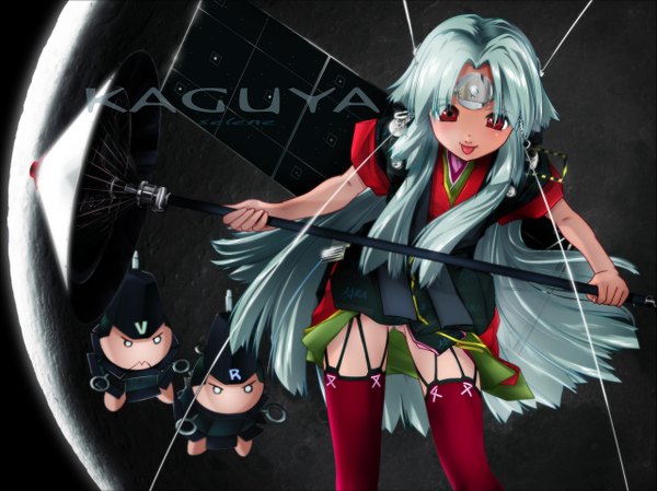 Anime picture 1281x960 with kaguya blonde hair red eyes chibi o o girl thighhighs weapon