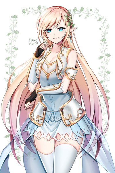 Anime picture 1500x2250 with maplestory mercedes (maplestory) hamericano single long hair tall image looking at viewer fringe breasts blue eyes blonde hair simple background hair between eyes standing white background signed cleavage pointy ears elf floral background