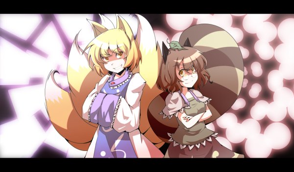 Anime picture 3200x1881 with touhou yakumo ran futatsuiwa mamizou hiro (pqtks113) highres short hair blonde hair smile brown hair wide image multiple girls animal ears yellow eyes absurdres animal tail crossed arms multiple tails hands in sleeves girl 2 girls