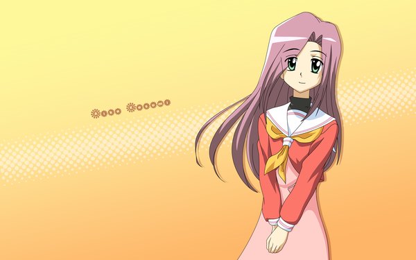 Anime picture 1680x1050 with hayate no gotoku! kasumi aika tagme (artist) single long hair looking at viewer simple background wide image standing green eyes pink hair upper body light smile wallpaper character names yellow background hands clasped girl uniform school uniform
