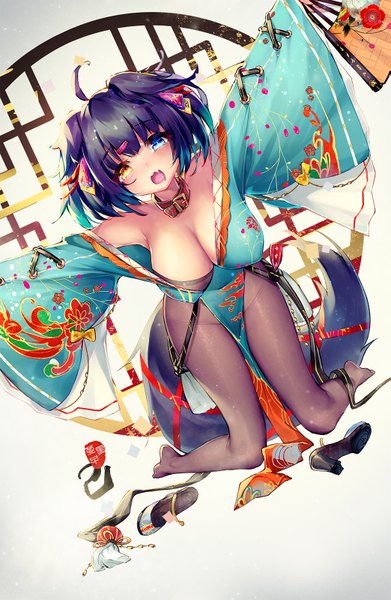 Anime picture 1043x1600 with original dk.senie single long hair tall image looking at viewer blush fringe short hair breasts open mouth blue eyes light erotic black hair large breasts ahoge tail long sleeves traditional clothes japanese clothes