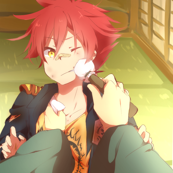 Anime picture 800x800 with touken ranbu nitroplus aizen kunitoshi looking at viewer fringe short hair yellow eyes red hair indoors one eye closed wide sleeves torn clothes bandaid on nose dirty cleaning boy blood bandaid