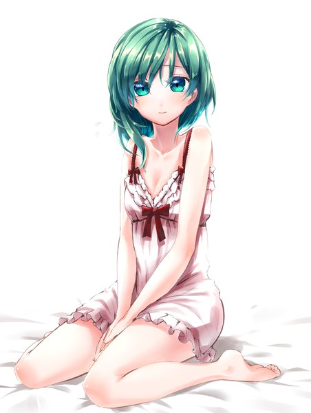 Anime picture 3000x3975 with touhou shikieiki yamaxanadu mappe (778exceed) single long hair tall image looking at viewer blush highres breasts light erotic simple background white background sitting green eyes cleavage full body barefoot green hair alternate costume