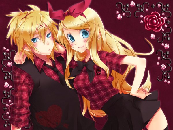 Anime picture 1500x1125 with vocaloid kagamine rin kagamine len kurokiri long hair looking at viewer blush fringe short hair blonde hair smile hair between eyes looking away short sleeves hand on hip hug red background hand on another's head girl boy
