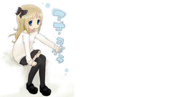 Anime picture 4000x2250 with ichigo mashimaro ana coppola single long hair highres blue eyes blonde hair wide image white background sitting absurdres hieroglyph girl thighhighs bow black thighhighs hair bow