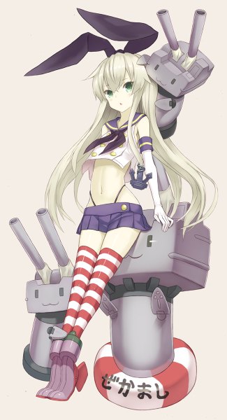 Anime picture 650x1200 with kantai collection shimakaze destroyer rensouhou-chan goekawa long hair tall image looking at viewer simple background blonde hair green eyes full body bare belly leaning zettai ryouiki :3 girl thighhighs skirt gloves navel