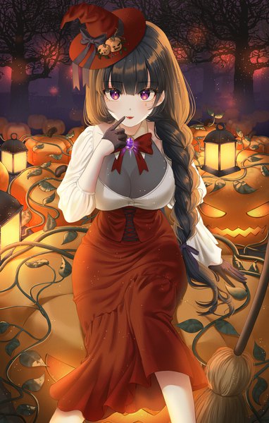 Anime picture 2800x4400 with original jisu lee single long hair tall image looking at viewer blush fringe highres sitting purple eyes outdoors blunt bangs braid (braids) night arm support lipstick single braid facial mark finger to mouth