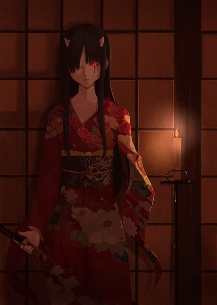Anime picture 1500x2100 with original mirufiyu single long hair tall image looking at viewer fringe open mouth black hair standing indoors nail polish traditional clothes japanese clothes pink eyes horn (horns) fingernails night floral print glowing