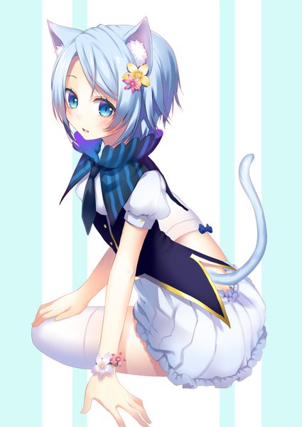 Anime picture 1000x1412 with original hijiri-ssh tall image looking at viewer blush short hair blue eyes animal ears blue hair tail animal tail hair flower cat ears cat girl cat tail girl thighhighs dress hair ornament flower (flowers)