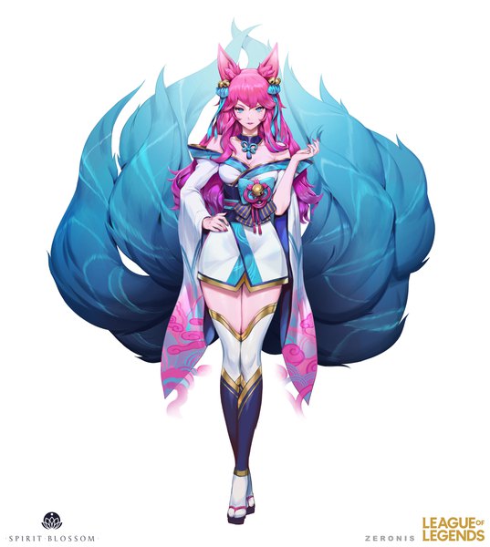 Anime picture 3840x4292 with league of legends ahri (league of legends) spirit blossom ahri paul (shiramune) single tall image looking at viewer highres blue eyes white background signed animal ears pink hair absurdres cleavage full body tail nail polish traditional clothes japanese clothes