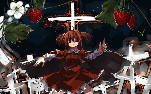 Anime picture 1387x869 with touhou okazaki yumemi shimadoriru single long hair smile brown hair wide image standing brown eyes two side up spread arms crazy smile girl skirt food cloak cross berry (berries) strawberry