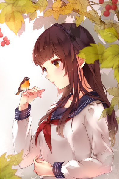 Anime picture 880x1320 with original 041 single long hair tall image blush brown hair yellow eyes profile bird on hand girl uniform animal serafuku food bird (birds) leaf (leaves) berry (berries)