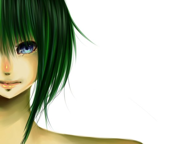 Anime picture 1166x911 with vocaloid gumi tagme (artist) single short hair blue eyes simple background white background bare shoulders green hair lips face girl