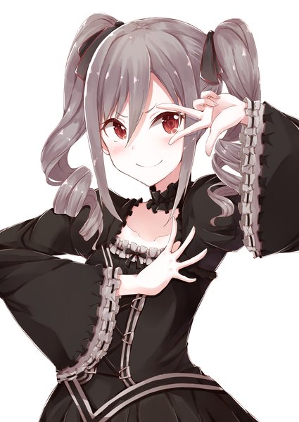 Anime picture 2507x3541 with idolmaster idolmaster cinderella girls kanzaki ranko hiiragi yashiro single long hair tall image looking at viewer blush fringe highres simple background smile red eyes white background twintails grey hair wide sleeves drill hair lolita fashion
