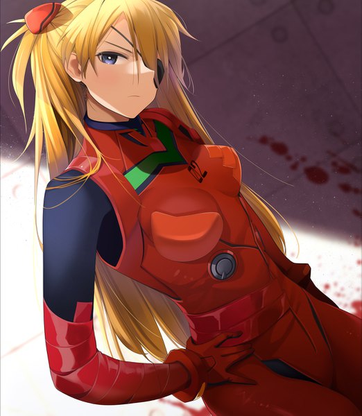 Anime picture 1047x1203 with neon genesis evangelion rebuild of evangelion evangelion: 3.0 you can (not) redo gainax soryu asuka langley shikinami asuka langley giba (out-low) single long hair tall image looking at viewer blush fringe breasts blue eyes brown hair standing head tilt blurry two side up