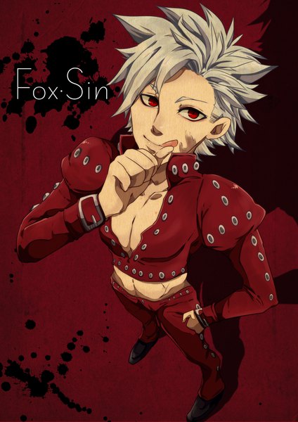 Anime picture 2480x3507 with nanatsu no taizai a-1 pictures ban (nanatsu no taizai) rokumu single tall image looking at viewer highres short hair smile red eyes standing silver hair full body from above open jacket shadow midriff puffy sleeves text