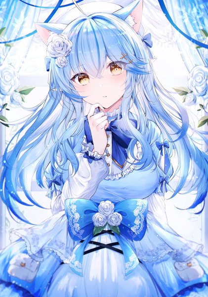 Anime picture 718x1024 with virtual youtuber hololive yukihana lamy noyu (noyu23386566) single long hair tall image looking at viewer blush fringe hair between eyes standing animal ears yellow eyes payot blue hair ahoge long sleeves parted lips head tilt