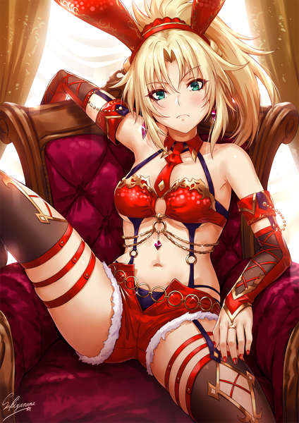 Anime picture 1100x1556 with fate (series) fate/grand order mordred (fate) sakiyamama single long hair tall image looking at viewer blush fringe breasts light erotic blonde hair hair between eyes sitting bare shoulders green eyes signed animal ears ponytail