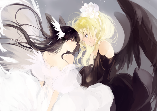 Anime picture 1228x866 with original lpip long hair black hair blonde hair bare shoulders multiple girls brown eyes animal ears cleavage profile grey background grey eyes floating hair face to face black wings girl dress 2 girls detached sleeves