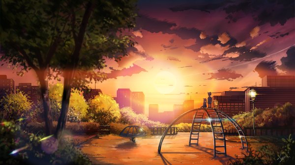 Anime picture 1920x1080 with original niko p highres wide image standing sitting looking away sky lens flare city evening sunset scenic silhouette twilight girl boy plant (plants) tree (trees) bushes