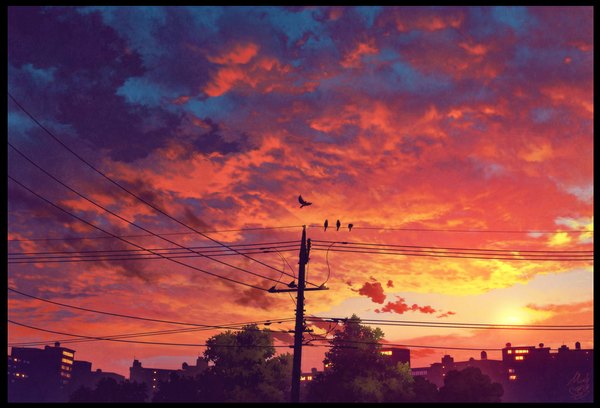 Anime picture 1022x696 with original mocha (cotton) outdoors evening sunset no people landscape scenic plant (plants) animal tree (trees) bird (birds) building (buildings) power lines