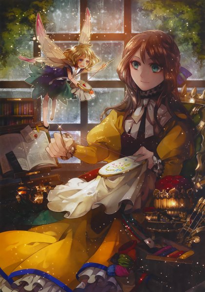 Anime picture 2210x3150 with original tagme (artist) long hair tall image highres short hair blue eyes blonde hair brown hair multiple girls scan fairy girl dress 2 girls wings book (books)