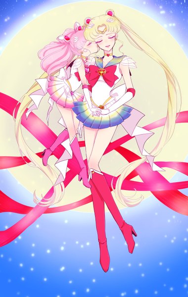 Anime picture 950x1500 with bishoujo senshi sailor moon toei animation tsukino usagi sailor moon chibiusa sailor chibi moon kumakichi (mnk) long hair tall image blonde hair twintails multiple girls pink hair eyes closed very long hair profile pleated skirt light smile night hair bun (hair buns)