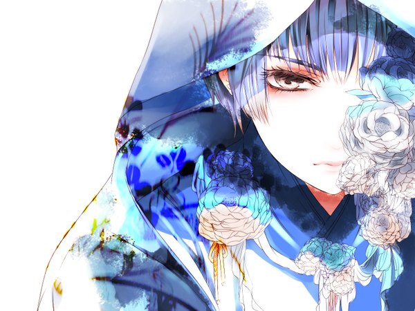 Anime picture 1600x1200 with axis powers hetalia studio deen japan (hetalia) rga (ansm) simple background white background brown eyes blue hair portrait face pale skin boy flower (flowers) rose (roses) hood