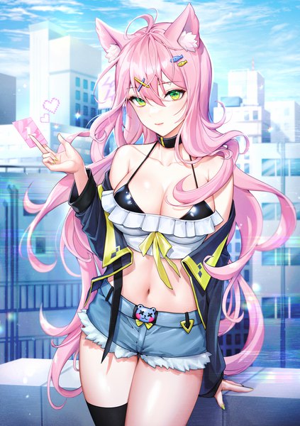Anime picture 3000x4252 with original clearpage single long hair tall image looking at viewer fringe highres breasts light erotic hair between eyes large breasts standing holding green eyes animal ears pink hair sky cleavage cloud (clouds)